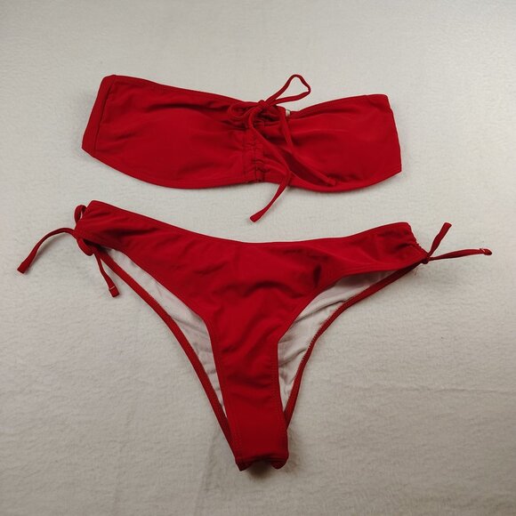 Red Strapless Cinched Cheeky Bikini Sz Large - Picture 1 of 9